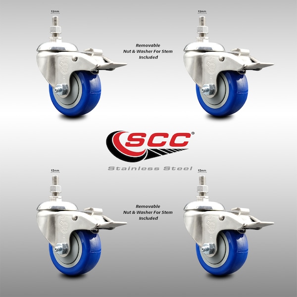 3 Inch 316SS Blue Polyurethane Wheel Swivel 12mm Stem Caster Set Lock Brake